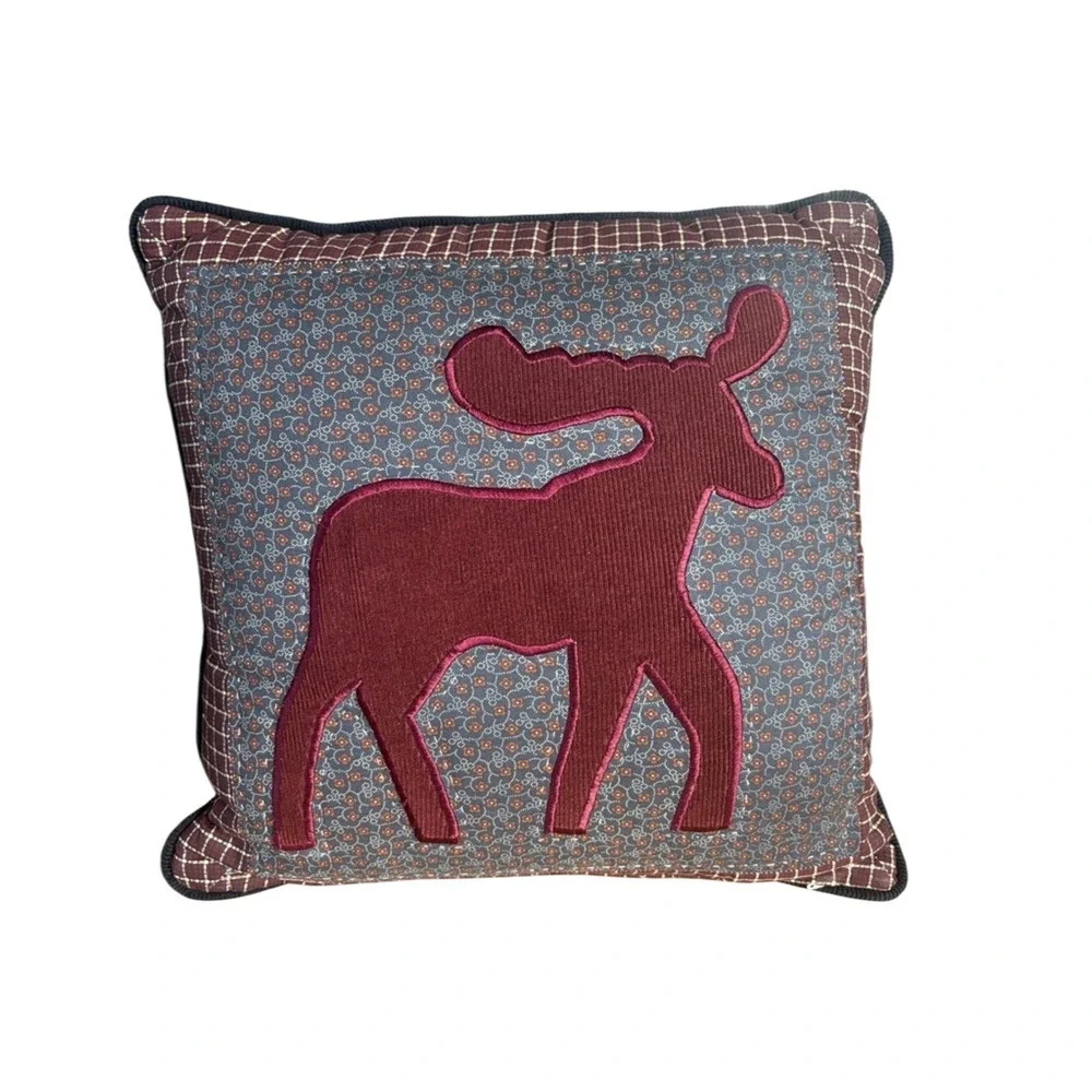 JC Penny Home Collection Vintage Pillow Green Plaid Patchwork & Moose Cabin GUC‎